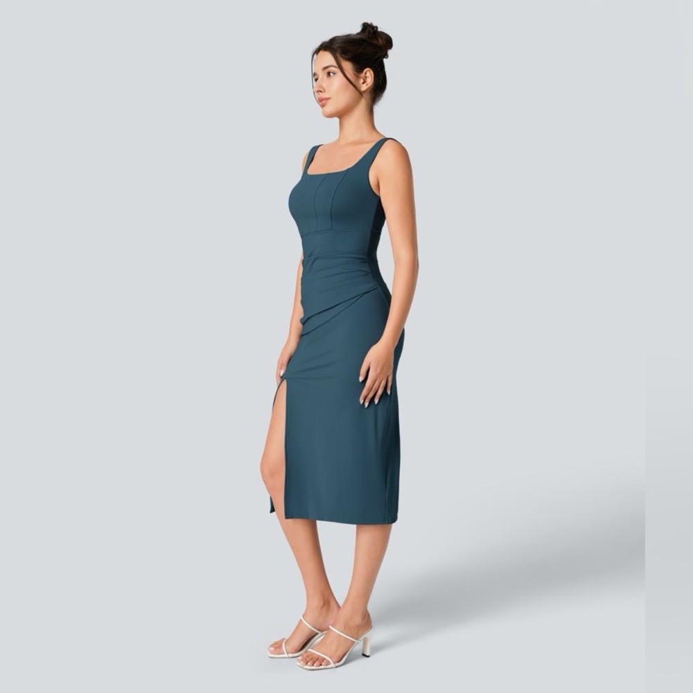Halara square neck corset rushed midi dress Majolica Blue size XL 16 - Picture 7 of 13